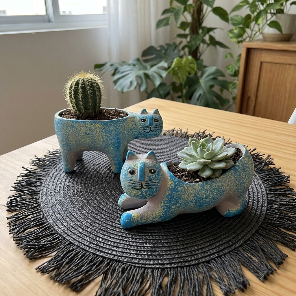 Two blue ceramic cat planters with cacti on dark woven mat