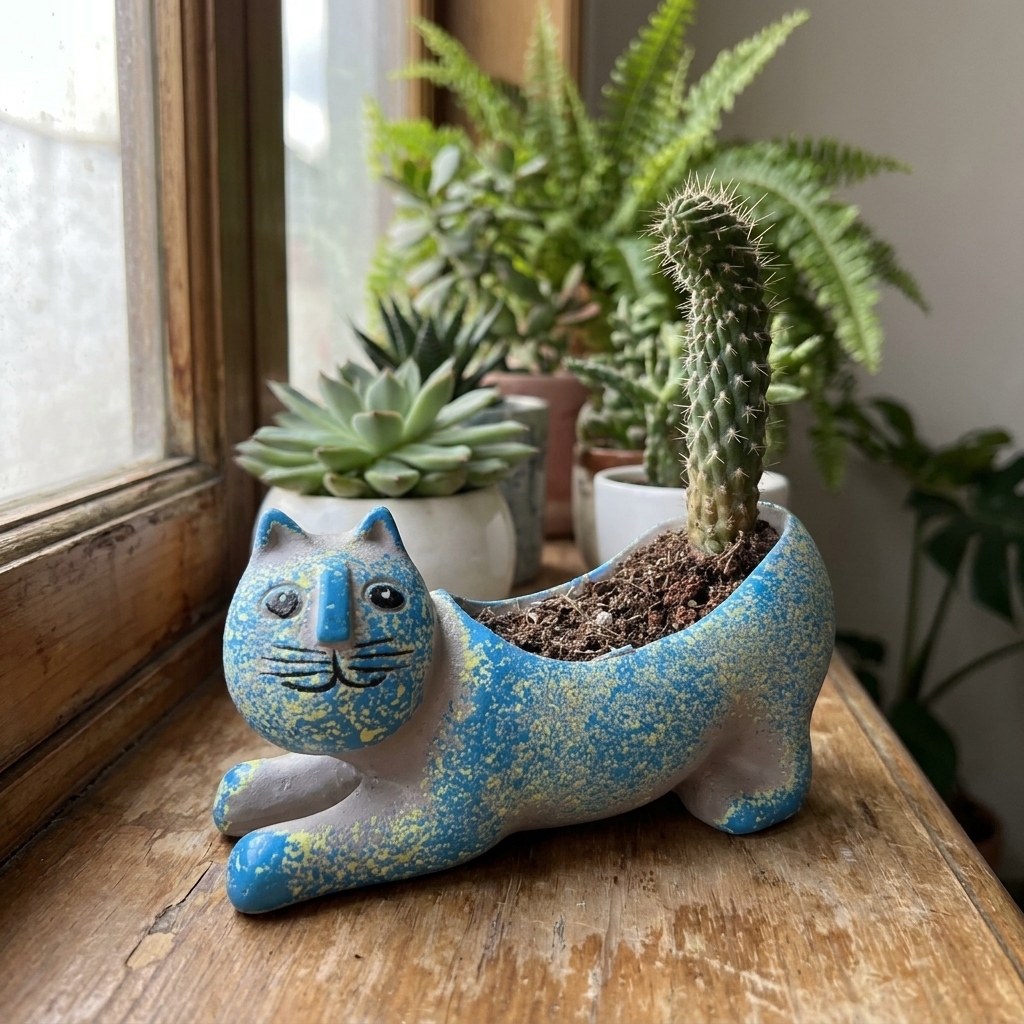 Blue ceramic cat planter reclining on windowsill with cactus