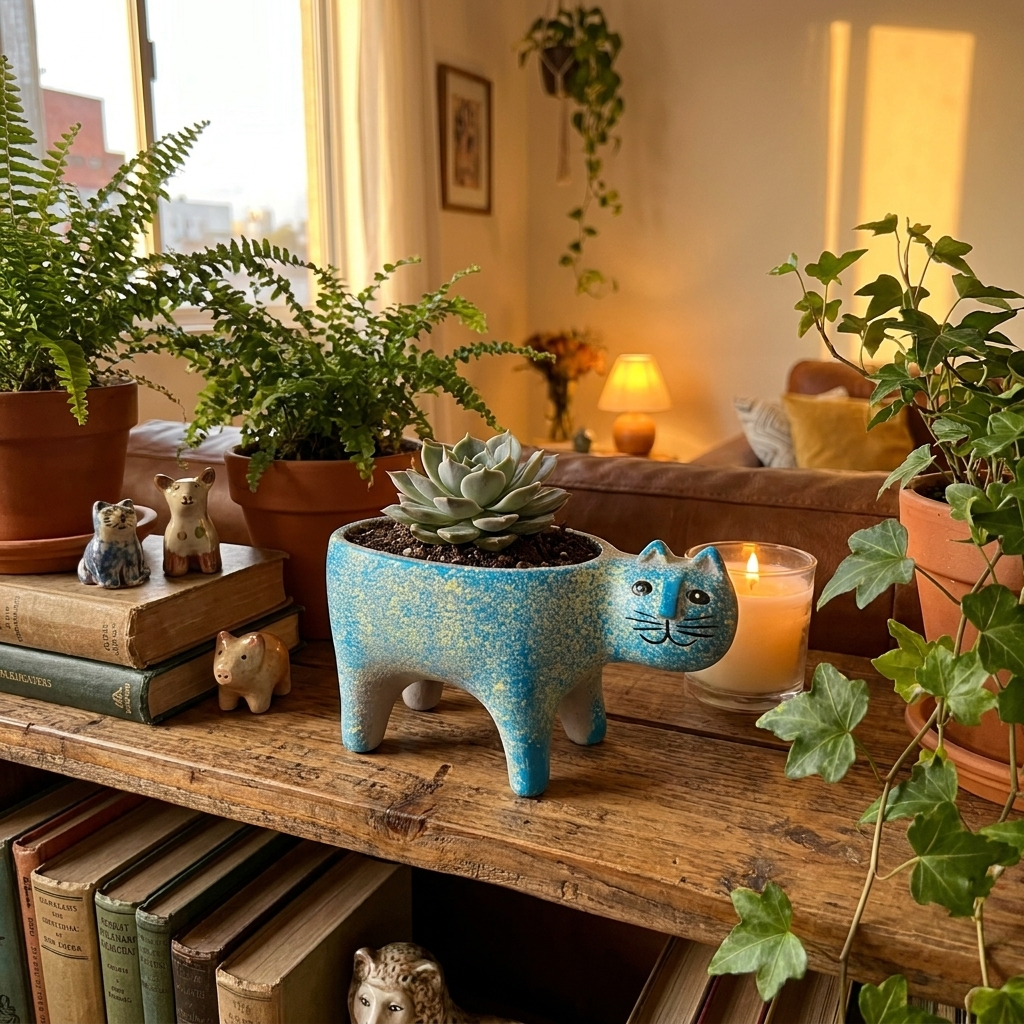 Standing blue ceramic cat planter with succulent on shelf